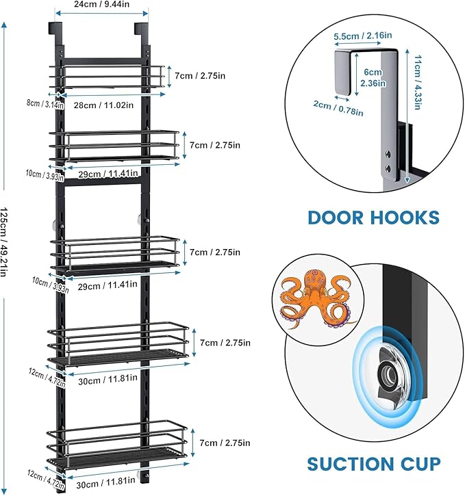 5-Tier Over the Door Pantry Organizer,Cabinet Door Organizer,Kitchen Pantry Door Organizers and Storage,Over the Door Spice Rack,Behind the Door Storage,Door Hanging Organizer,Black