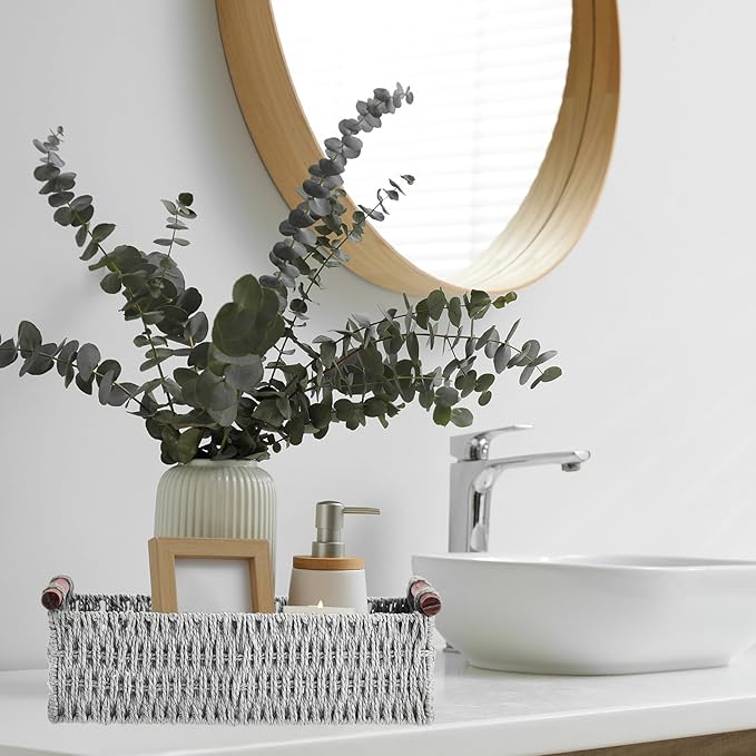Boao 3 Pcs Boho Storage Wicker Baskets Handmade Woven Decorative Paper Rope Baskets for Organizing with Handle Countertop Toilet Paper Storage Container for Toilet Tank Top(Light Grey,Rectangle)
