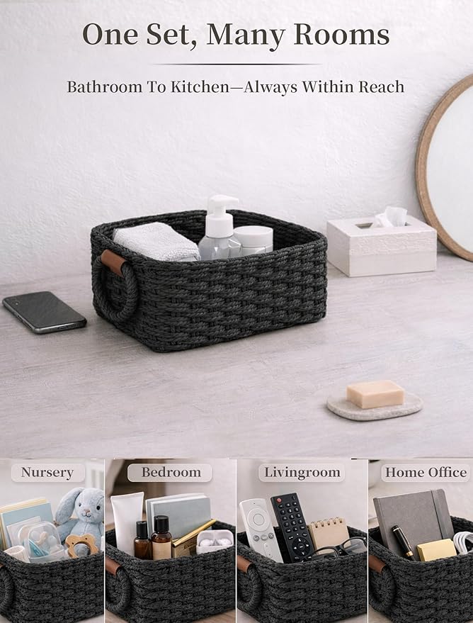 Storage Basket, Recycled Paper Rope Bathroom Basket Organizer, 3Pcs Small Baskets for Organizing, Mini wicker Basket for Decorative Storage Bins, Shelves, Bathroom, Cabinet - Black