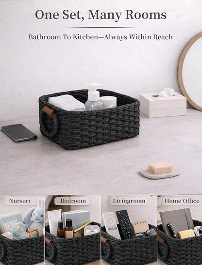 Storage Basket, Recycled Paper Rope Bathroom Basket Organizer, 3Pcs Small Baskets for Organizing, Mini wicker Basket for Decorative Storage Bins, Shelves, Bathroom, Cabinet - Black