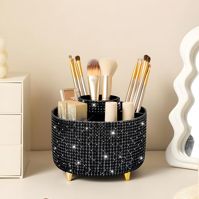 Diesisa Bling Diamond 360° Makeup Brush Holder Organizer, Rotating Makeup Brush Organizer,5 Slot Make up Brushes Cup for Cosmetics, Vanity Desktop Organizer, Gift for Women Teen Girls- Diamond Black