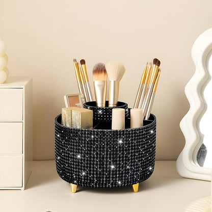 Diesisa Bling Diamond 360° Makeup Brush Holder Organizer, Rotating Makeup Brush Organizer,5 Slot Make up Brushes Cup for Cosmetics, Vanity Desktop Organizer, Gift for Women Teen Girls- Diamond Black