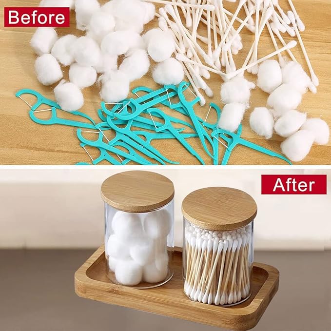 BKYFPQ Bamboo Vanity Tray, Bathroom Tray Organizer Glass Qtip Holder Dispenser Apothecary Jars for Cotton Swabs Balls, Round Pad, Perfume Candles, Cosmetics and Jewelry Storage Organizer
