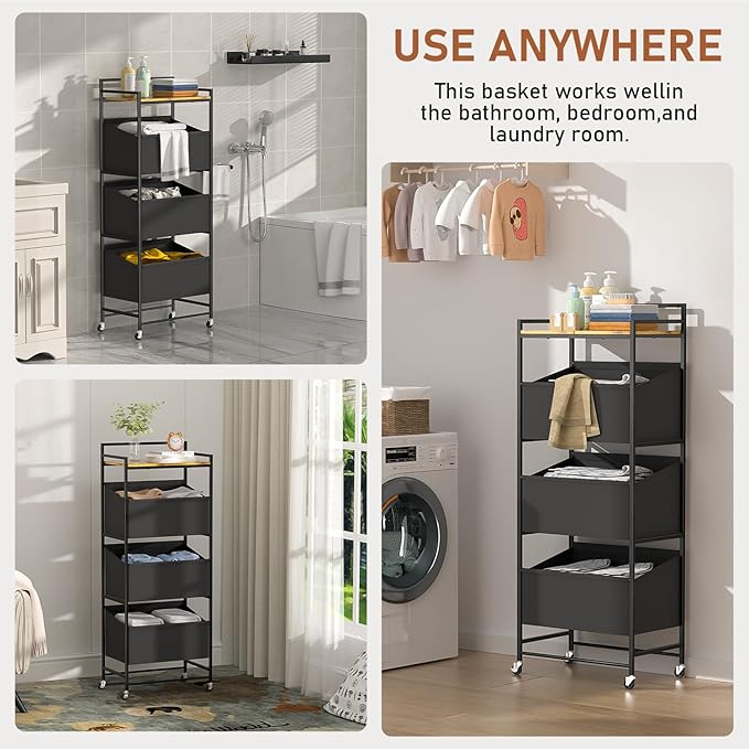 3-Tier Laundry Hamper Sorter with Wheels, 120L Vertical Rolling Laundry Basket Organizer Cart, 3 Section Laundry Sorter with Shelf for Small Space, Laundry Room, Bathroom, Bedroom, Dorm, Closet