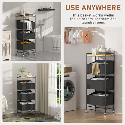 3-Tier Laundry Hamper Sorter with Wheels, 120L Vertical Rolling Laundry Basket Organizer Cart, 3 Section Laundry Sorter with Shelf for Small Space, Laundry Room, Bathroom, Bedroom, Dorm, Closet