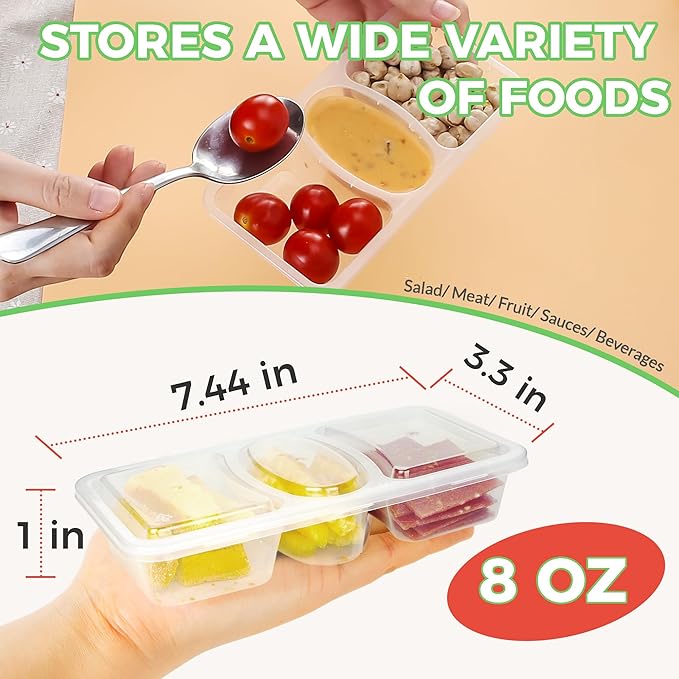 MACTANO 8 OZ Reusable Snack Containers with Lids, New 3 Compartment Condiment Snack Pack Containers 10 Sets