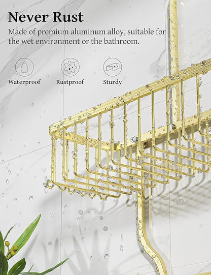 YASONIC Never-Rust Aluminum Hanging Shower Caddy – Over-the-Showerhead Organizer with 10 Hooks for Razor and Sponge – Includes Soap Basket – Gold