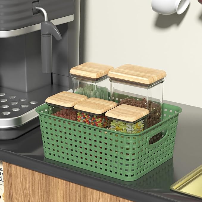 Sadstory Deep Green Plastic Woven Storage Basket, Plastic Shelf Basket, 6 Packs