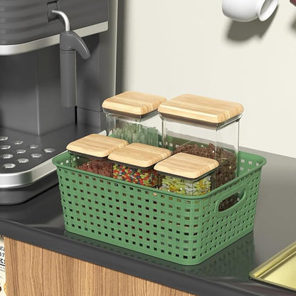Sadstory Deep Green Plastic Woven Storage Basket, Plastic Shelf Basket, 6 Packs