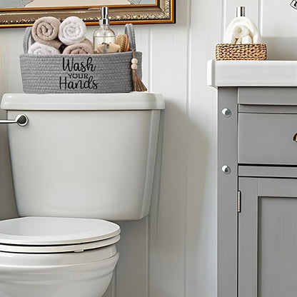 Wash Your Hands Bathroom Decoration Grey Cotton Rope Toilet Basket Toilet Paper Holder Basket Rustic Bathroom Organizer Farmhouse Home Decoration Organizing Small Baskets