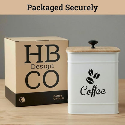 Airtight Coffee Canister - 40 oz Large Iron White Coffee Container Airtight - 6 x 8 inch Metal Jar - Stylish Countertop Container for Coffee Grounds, Beans, Pods & More with Rubber-Lined Bamboo Lid