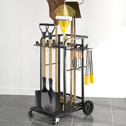 SOYEEZE Garden Tool Organizer with Large Wheels, Heavy Duty 3-Tier Yard Tower Tool Rack for Garage, Holds Up to 35 Long-Handled Tools, Garden Tool Cart with 12 Hooks for Tool Organization Storage