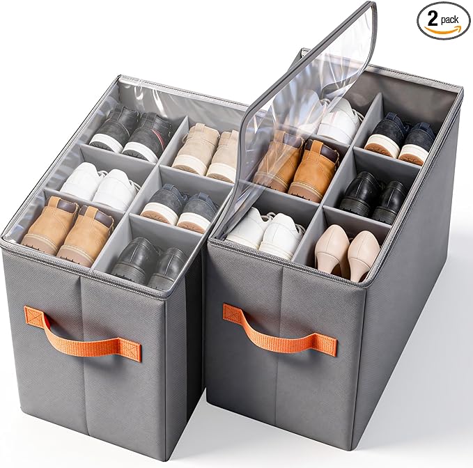 GLORIEROO Smell Proof Shoe Organizer for Closet - Adjustable Dividers & Clear Lid. Foldable Shoe Storage Box with Activated Carbon Lining for Gym Sneakers, Running Shoes & Boots