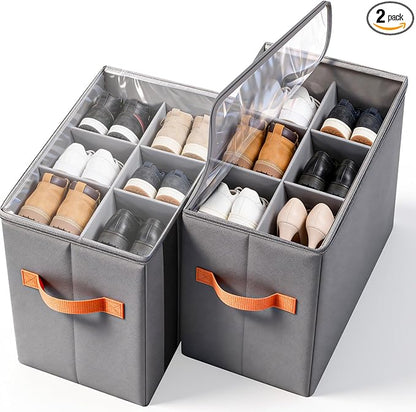 GLORIEROO Smell Proof Shoe Organizer for Closet - Adjustable Dividers & Clear Lid. Foldable Shoe Storage Box with Activated Carbon Lining for Gym Sneakers, Running Shoes & Boots