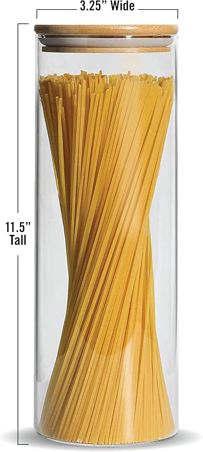 Cestari Pasta Storage Jars: Spaghetti Container Glass Pasta Jar with Bamboo Lid, Airtight Dry Food Storage Kitchen Canister for Snacks, Macaroni, Rotini, Noodles, Candy, and More; 1100 ml, 11.5 inches