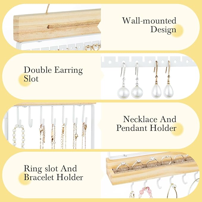 Feyejade Hanging Jewelry Organizer and Storage, 5-Tier White Earring Necklace Holder Jewelry Display Organizer Stand Rack, Wall Mounted for Earrings Necklaces Bracelets and Rings, White