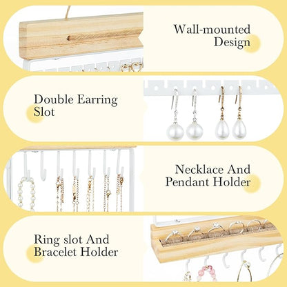 Feyejade Hanging Jewelry Organizer and Storage, 5-Tier White Earring Necklace Holder Jewelry Display Organizer Stand Rack, Wall Mounted for Earrings Necklaces Bracelets and Rings, White