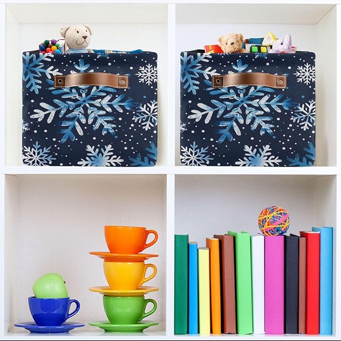 Large Storage Basket Watercolor Blue Snowflakes Christmas Storage Bin Cube Canvas Fabric Organizer Handles Collapsible for Clothes Toys Bedroom Decorative