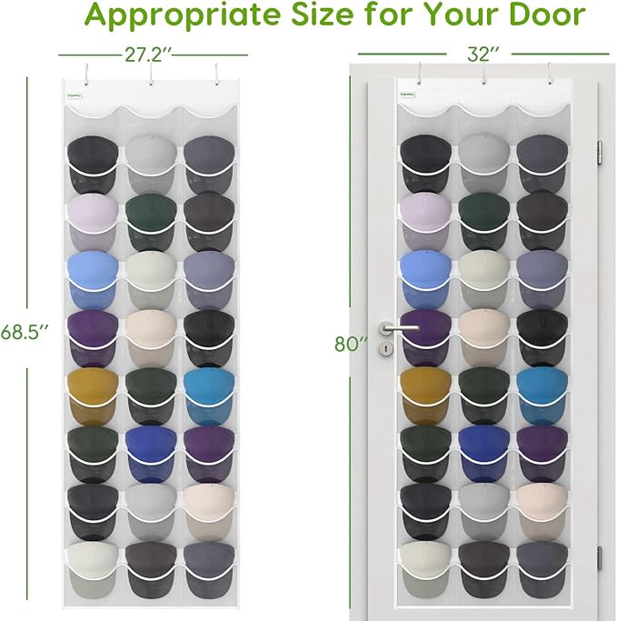 Baseball Hat Rack, 27 Pocket Over-The-Door Hat Organizer with Clear Deep Pockets to Display Baseball Caps Collection, Complete with 3 Over Door Hooks (White, 27 Pockets)