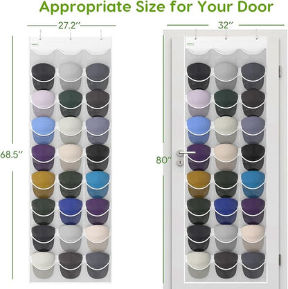 Baseball Hat Rack, 27 Pocket Over-The-Door Hat Organizer with Clear Deep Pockets to Display Baseball Caps Collection, Complete with 3 Over Door Hooks (White, 27 Pockets)