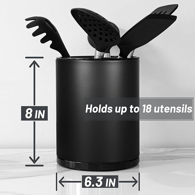 Kitchen Utensil Holder for Countertop 360° Rotating Utensil Caddy Extra Large Utensil Crock Cooking Utensil Holder for Kitchen Counter (Black)