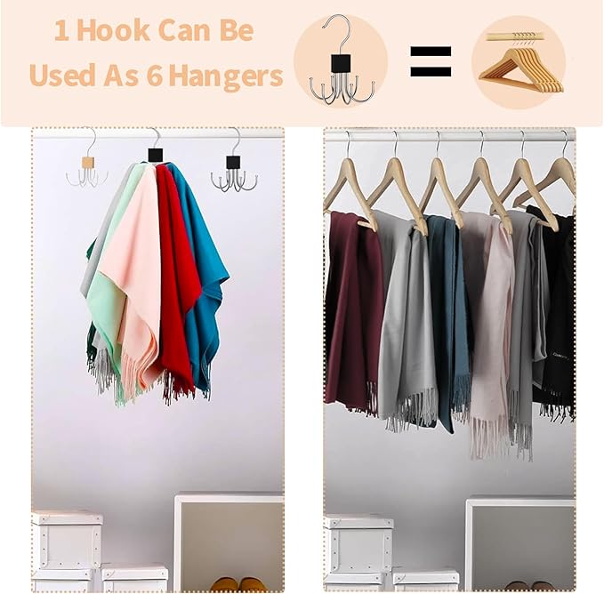 2pcs 360° Rotating 6-Claw Multi-Function Hook Closet Hanging Organizer Hangers for Clothes Hats Scarves Belts, Stainless Steel Rotary Hook Hanger for Kitchen Bathroom Office Home Storage Rack (Khaki)