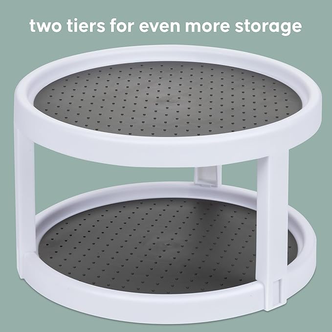 Kitchen Spaces Two-Tier Lazy Susan Organizer, Cabinet Turntable Shelf Storage for Kitchen and Pantry Items, Great for Spices or Condiments, Non-Skid, Sturdy with Full Spin, White