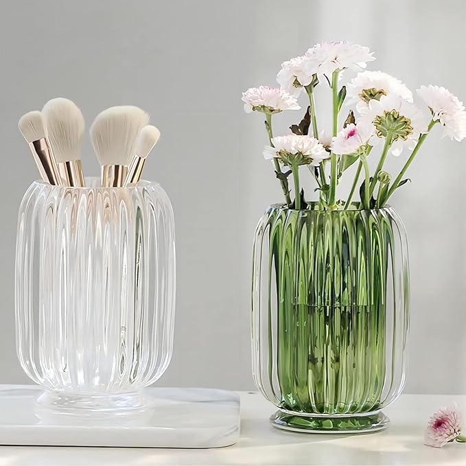 DASITON Makeup Brush holder Organizer,Crystal Cosmetic Makeup Brush Glass Brushes Storage Holder, Vintage Make Up Brush Cup striped vase(Green)