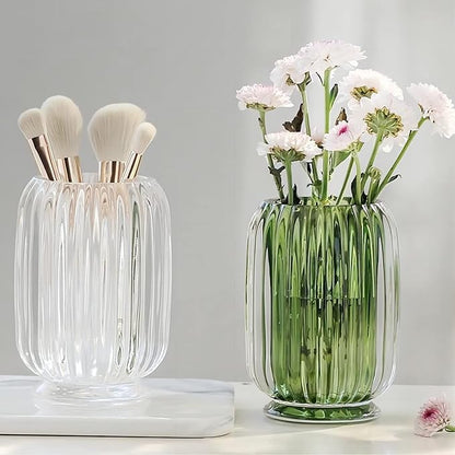 DASITON Makeup Brush holder Organizer,Crystal Cosmetic Makeup Brush Glass Brushes Storage Holder, Vintage Make Up Brush Cup striped vase(Green)