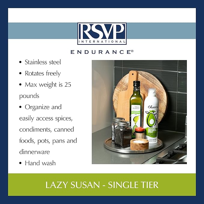 RSVP International Endurance TURN-1 Turntable Lazy Susan, Stainless Steel, 10.5" | Handy in Cabinet, Refrigerator or on Counters | Organize Spices, Canned Foods, Pots, Pans, Dinnerware, 10.5 Inch
