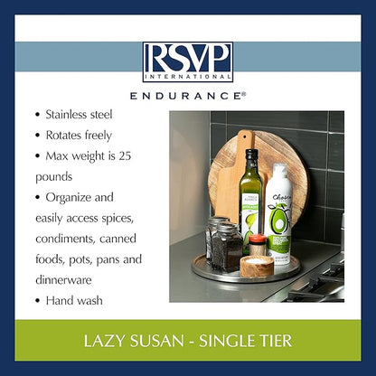 RSVP International Endurance TURN-1 Turntable Lazy Susan, Stainless Steel, 10.5" | Handy in Cabinet, Refrigerator or on Counters | Organize Spices, Canned Foods, Pots, Pans, Dinnerware, 10.5 Inch