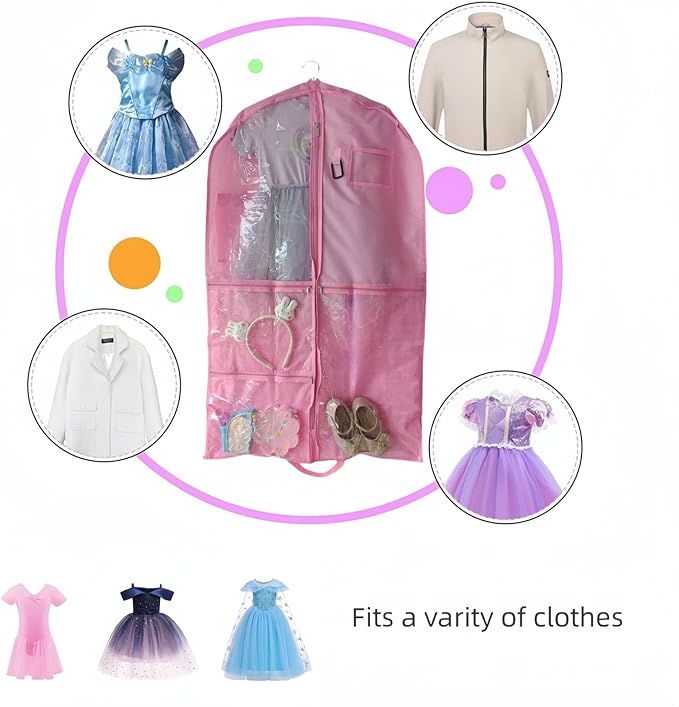Dance Costume Garment Bag for Travel with Handles, 39 Inch Garment Bag for Dance Competitions, Kids Hanging Clothes Cover for Girls Closet Storage with 4 Zippered Pockets (Pink - 2 Pack)