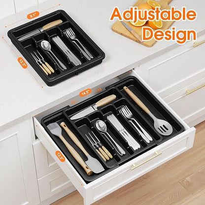 SpaceHacks Silverware Organizer，Adjustable & Expandable Utensil Drawer Organizer, BPA Free Utensil Holder, Cutlery Tray for Forks, Spoons, Knives in Kitchen, Medium, Black