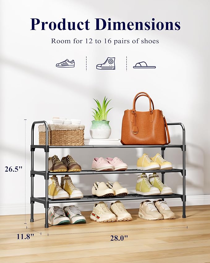 Kitsure Shoe Rack - 3-Tier Space-Saving Shoe Organizer & Shoe Shelf with Handle, Easy Assembly, Sturdy Metal Shoe Rack for Closet, Entryway, Bedroom, 28.0" x 11.8" x 26.5", Black