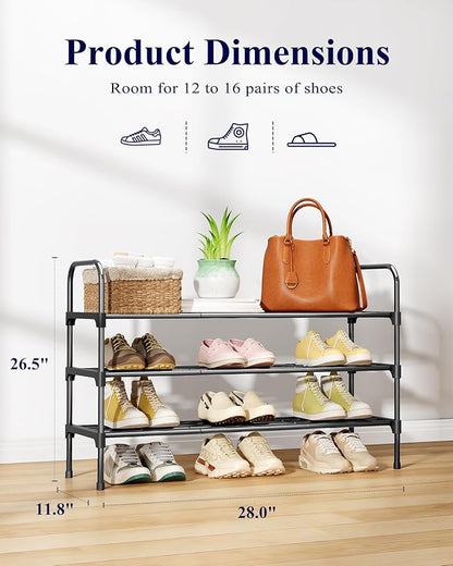 Kitsure Shoe Rack - 3-Tier Space-Saving Shoe Organizer & Shoe Shelf with Handle, Easy Assembly, Sturdy Metal Shoe Rack for Closet, Entryway, Bedroom, 28.0" x 11.8" x 26.5", Black