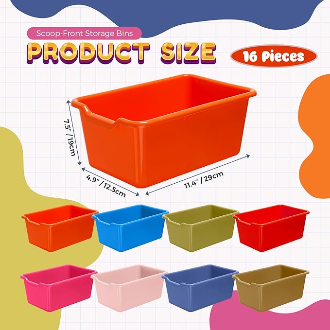 Dandat 16 Pcs Plastic Book Bins for Classroom Library Cubby Bins Scoop Front Stackable Toy Storage Tubs Containers for School Office Home Nursery Playroom Organization (Vintage Color)