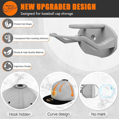 Niunuerga 24 Pack Adhesive Hat Hooks for Wall, Strong Hat Rack for Baseball Caps, Minimalist Hat Organizer Display for Home Decor, Hat Hold Hanger for Wall, Door, Closet, No Drilling (Grey)