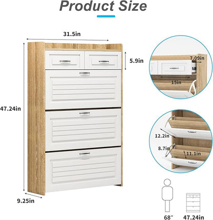 Vibe & Dine Shoe Cabinet with 3 Large Flip Drawers & 2 Storage Drawers, Narrow Shoe Organizer Cabinet Fits for Kinds of Shoes, Slim Shoe Storage Cabinet for Entryway, Hallway, Bedroom, Natural Wood