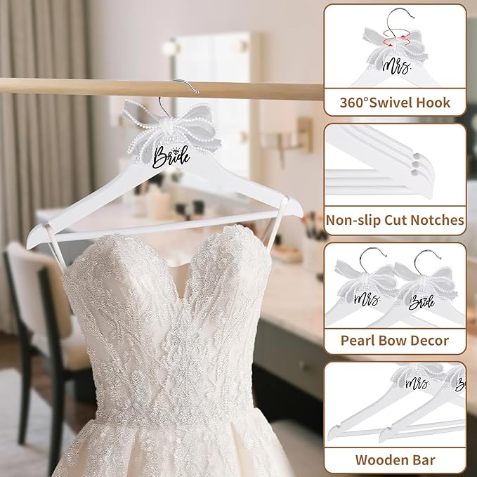 Bride Hanger for Wedding Dress Wooden Pearl Hangers with Pearl Ribbon Bow Elegant Bridal Mrs Wedding Dress Hanger, 2PCS Personalized Wedding Hangers (White)