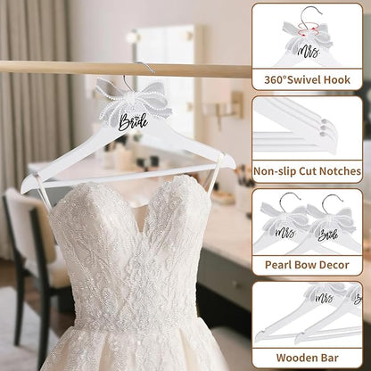 Bride Hanger for Wedding Dress Wooden Pearl Hangers with Pearl Ribbon Bow Elegant Bridal Mrs Wedding Dress Hanger, 2PCS Personalized Wedding Hangers (White)