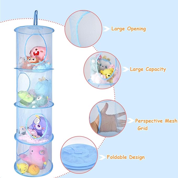 ChezMax Hanging Mesh Stuffed Animal Storage - 4 Tiers 2 Pack Large Stuffed Animal Net Organizer, Foldable Space Saver Bags Plushie Basket Organization Holder Room Bedroom Playroom Wardrobe Wall Grey
