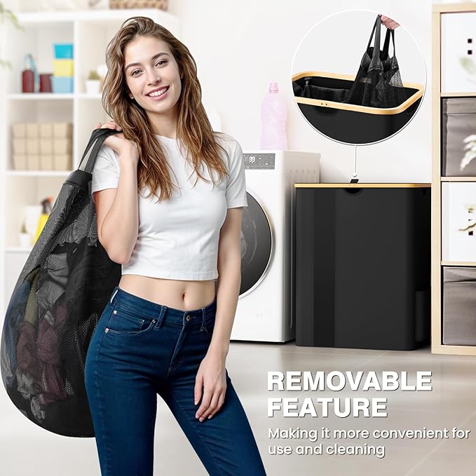 BlissTotes Laundry Basket with Lid, 150L Clothes Laundry Hamper with Handles and 2 Removable Laundry Bags, Breathable Design Hamper with Lid for Bedroom, Bathroom, Dorm, Laundry Room -Black