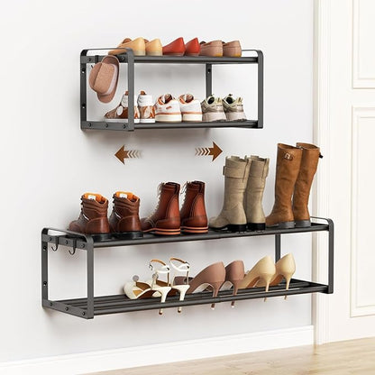 2 Pack Wall Mounted Shoe Rack, 16.9"-31" Expandable Hanging Shoe Rack with 4 Hooks, Premuim Wall Shoe Holder, Space Saving Metal Shoes Organizer for Closet, Entryway, Garage, Front Door