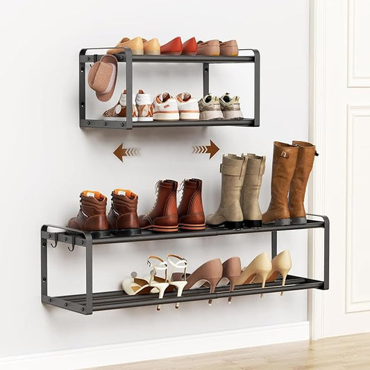 2 Pack Wall Mounted Shoe Rack, 16.9"-31" Expandable Hanging Shoe Rack with 4 Hooks, Premuim Wall Shoe Holder, Space Saving Metal Shoes Organizer for Closet, Entryway, Garage, Front Door