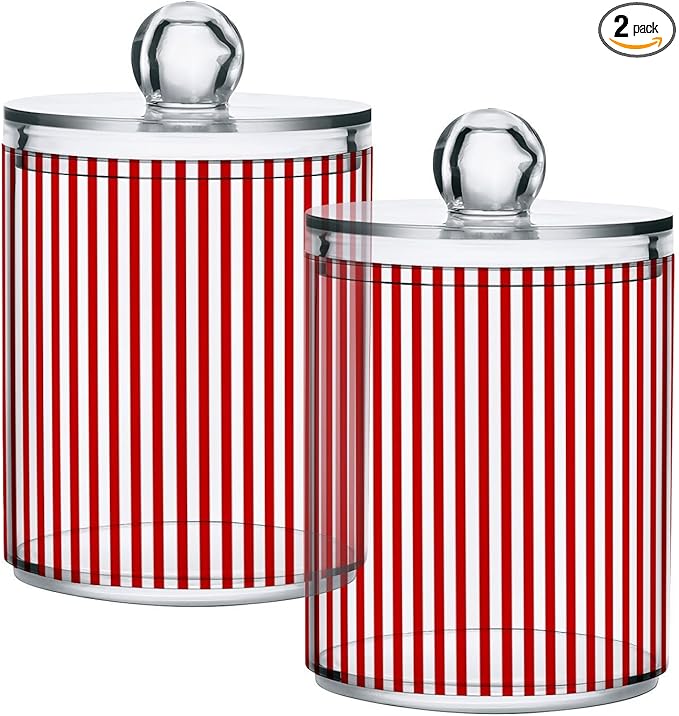 2 Pack Apothecary Jars Red White Stripes Qtip Holder Organizer Clear Airtight Container for Cotton Swabs Food Storage 14oz Plastic Jars with Lids