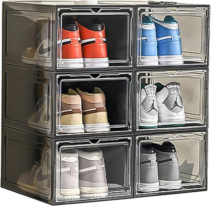 XXL Drop Front Shoe Storage Box Stackable, 6 Pack Shoe Display Case Fit US 15,Sneaker Storage Shoe Containers with Magnetic Door（6 PACK BLACK