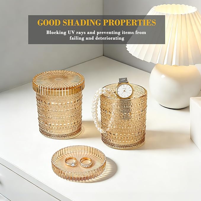 Flrolove 4-Pack Glass Qtip Holder Dispenser, 10oz Bathroom Organizers and Storage, Hobnail Cotton Round Holder for Qtips, Cotton Rounds, Balls & Floss Picks, Vanity & Makeup Apothecary Jars (Amber)