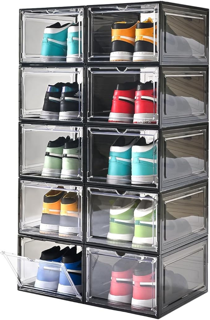 Large Shoe Boxes Clear Plastic Stackable，Drop Front Shoe Box with Clear Door, Shoe Containers For Sneaker Display,Fit up to US Size12