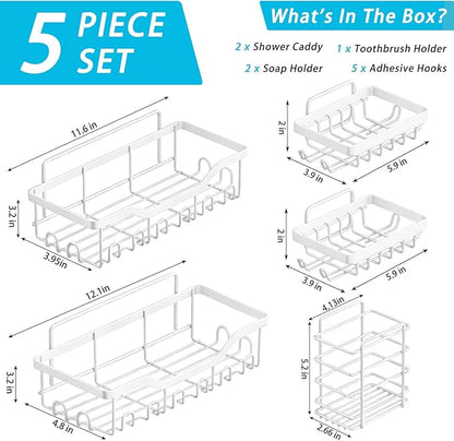 Fammart Adhesive Shower Caddy, 5-Pack Rustproof Stainless Steel Bathroom Organizer with 28 Hooks, No-Drill Large Capacity Shower Shelves for Bathroom Storage & Home Décor, White