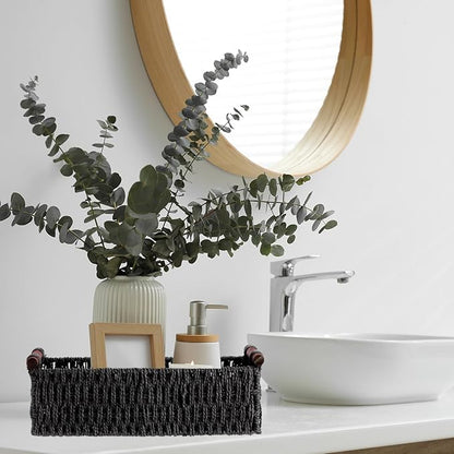 Boao 3 Pcs Boho Storage Wicker Baskets Handmade Woven Decorative Paper Rope Baskets for Organizing with Handle Countertop Toilet Paper Storage Container for Toilet Tank Top(Black,Rectangle)